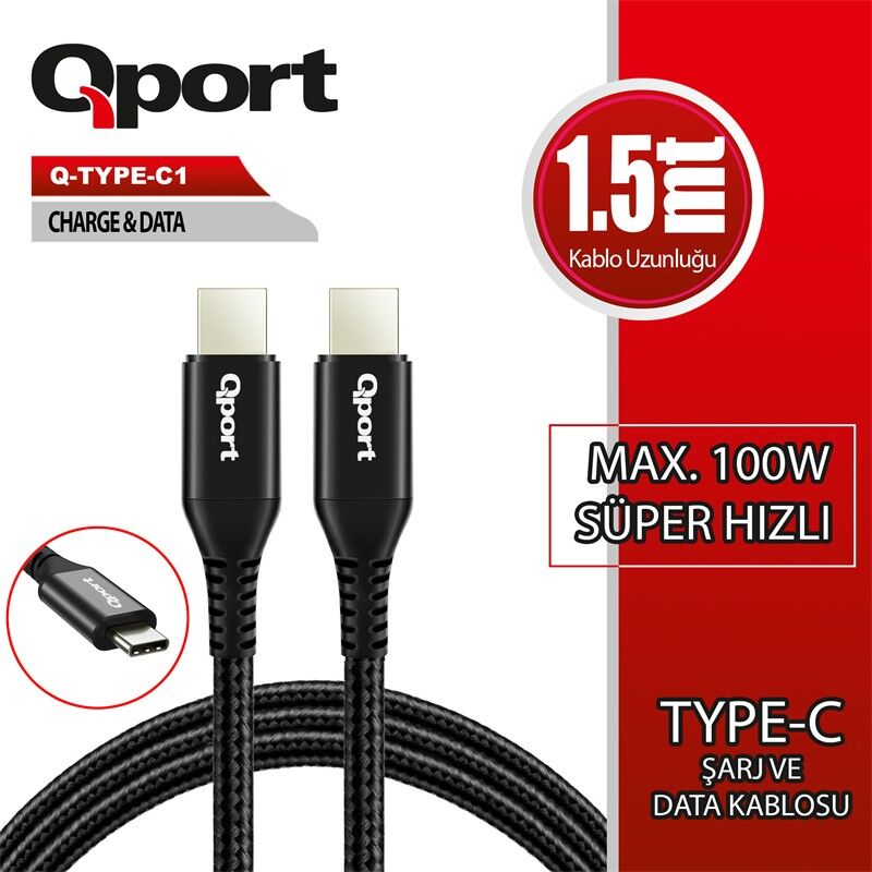 QPORT Q-TYPE-C1 1.5 METRE TYPE-C 100W PD ŞARJ VE DATA KABLOSU