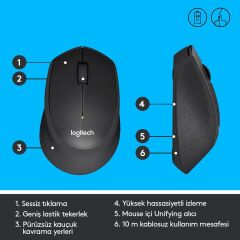 LOGITECH M330 KABLOSUZ SESSİZ USB OPTİK MOUSE SİYAH 910-004909